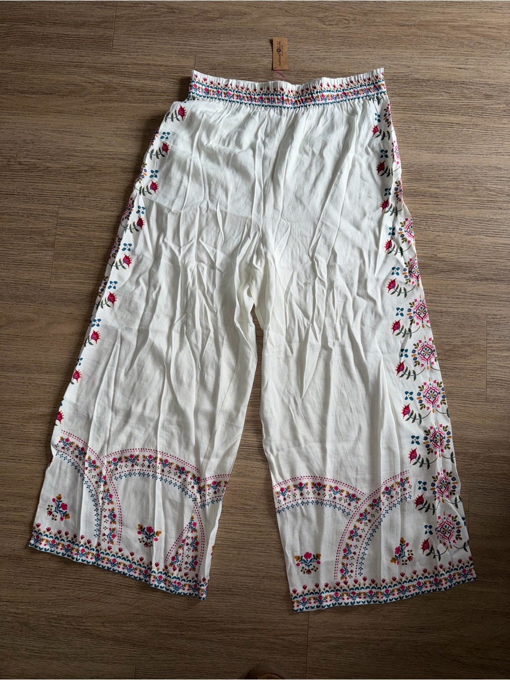 NATURAL LIFE Cream Wide-Leg Palazzo Pant with Multicolor Design size XL - Picture 4 of 9